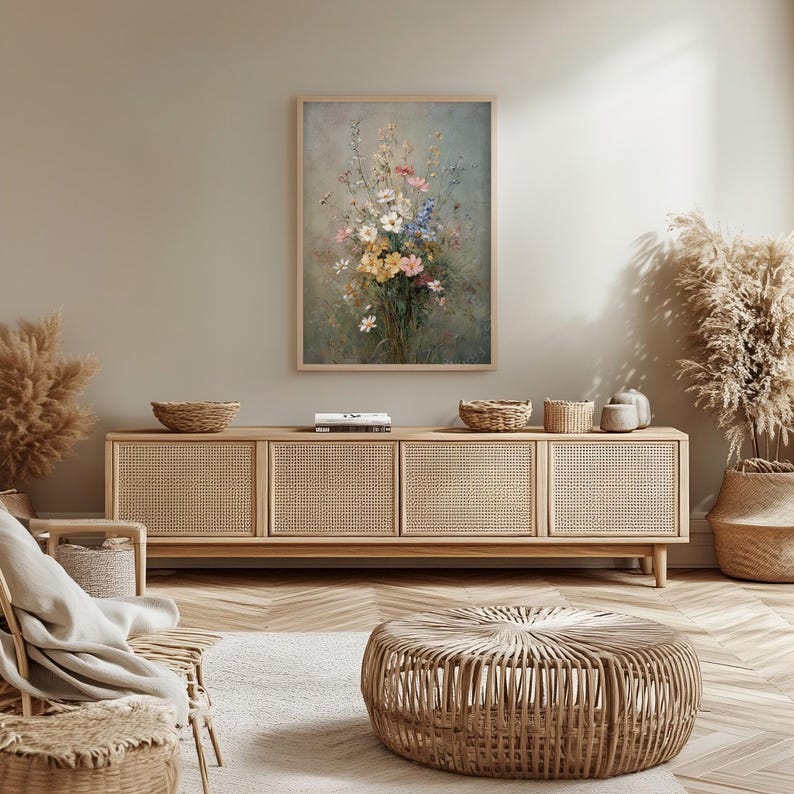 Vintage Wildflower Bouquet Wall Art, Pastel Floral Oil Painting ...