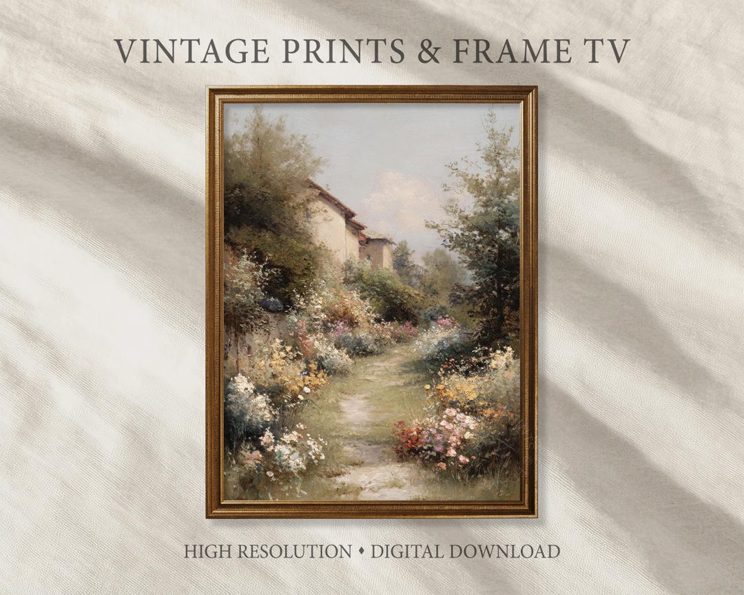 Vintage Cottage Garden Path Wall Art, Soft Summer Flowers Landscape ...