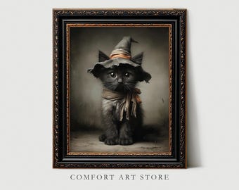 May include: A framed print featuring a black kitten wearing a witch's hat and scarf. The kitten has large, expressive eyes and is set against a muted background. The frame is black with gold accents, and the text "COMFORT ART STORE" is at the bottom.