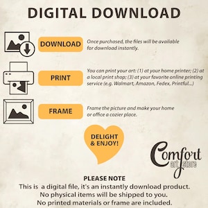 Puede incluir: Un gr&aacute;fico de descarga digital con instrucciones sobre c&oacute;mo descargar, imprimir, enmarcar y disfrutar de una impresi&oacute;n de arte digital. El gr&aacute;fico presenta un coraz&oacute;n amarillo con el texto "Delight & Enjoy!" y el texto "Comfort Art Store". El texto "Please Note" est&aacute; en la parte inferior del gr&aacute;fico con el texto "Este es un archivo digital, es un producto de descarga instant&aacute;nea. No se enviar&aacute;n art&iacute;culos f&iacute;sicos. No se incluyen materiales impresos ni marcos."