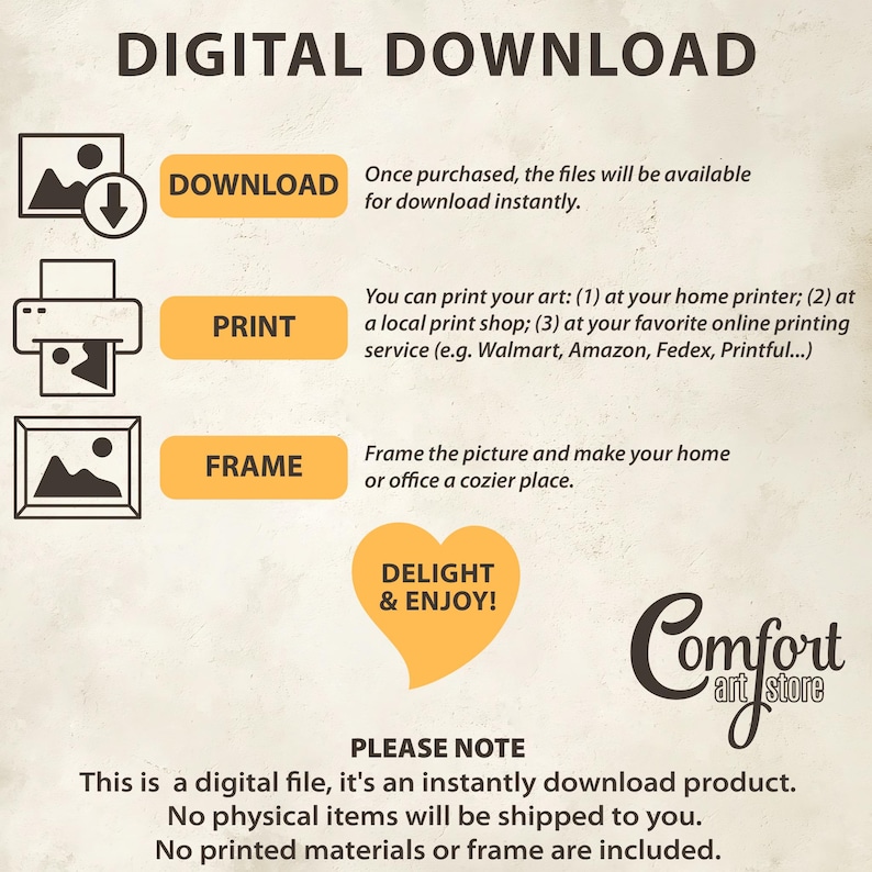 Puede incluir: Un gr&aacute;fico de descarga digital con instrucciones sobre c&oacute;mo descargar, imprimir, enmarcar y disfrutar de una impresi&oacute;n de arte digital. El gr&aacute;fico presenta un coraz&oacute;n amarillo con el texto "Delight & Enjoy!" y el texto "Comfort Art Store". El texto "Please Note" est&aacute; en la parte inferior del gr&aacute;fico con el texto "Este es un archivo digital, es un producto de descarga instant&aacute;nea. No se enviar&aacute;n art&iacute;culos f&iacute;sicos. No se incluyen materiales impresos ni marcos."