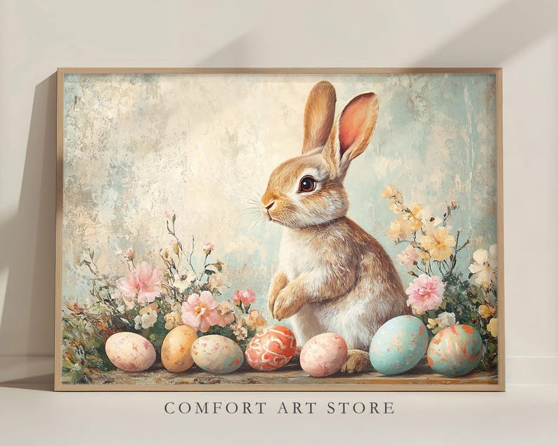 Puede incluir: Una pintura de un conejo marr&oacute;n sentado entre flores rosas y blancas con acentos azul pastel y amarillo. El conejo est&aacute; rodeado de huevos de Pascua coloridos.