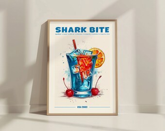 Shark Bite Cocktail Print. Classic Alcohol Cocktail Sign Home Bar Cart Decor Retro Cocktail Exhibition Drink Poster Mixology Gift Recipe Art