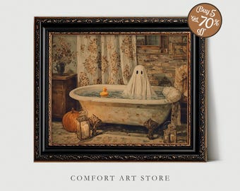 Ghost Bathroom Print Halloween Printable Wall Art Vintage Cute Ghost Bathtub Rubber Duck Print Moody Spooky Decor Dark Academia Painting