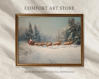 ヴィンテージサンタのそりプリント：クリスマスのトナカイの絵画