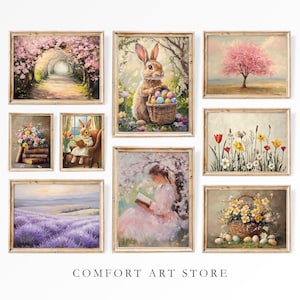 Easter Wall Art Set of 9 Print Easter Bunny Reading Book Print Spring Flower Pink Cherry Blossom Decor Easter Egg Vintage Woman Printable