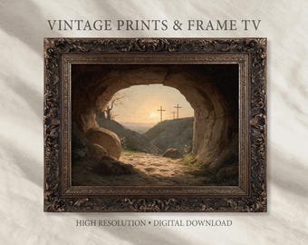 Easter empty tomb sunrise wall art, vintage oil landscape with three crosses, Christian resurrection decor, neutral rustic print
