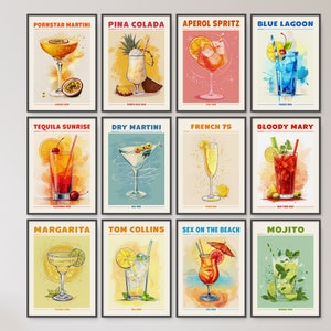 Cocktail Print Set of 12 Retro Poster Martini Pina Colada Aperol Spritz Margarita Bloody Mary Mojito Tequila Classic Alcohol Bar Cart Sign