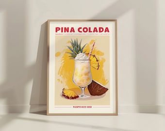 Pina Colada Cocktail Print. Classic Alcohol Cocktail Retro Cocktail Exhibition Poster Home Bar Cart Decor Recipe Mixology Cocktail Printable