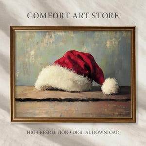Christmas Wall Art Print Vintage Christmas Still Life Santa Hat Painting Holiday Decor Festive Christmas Printable Antique Digital Download