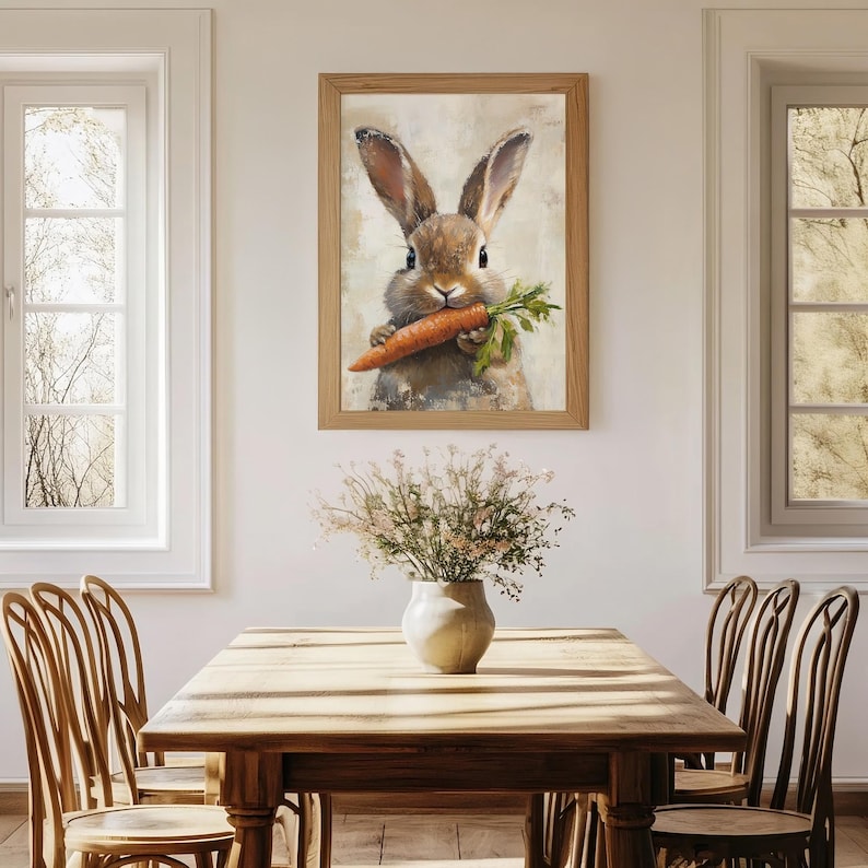 May include: A framed painting of a brown rabbit holding a carrot in its paws. The rabbit is looking directly at the viewer with a cute expression. The background is a light beige color.