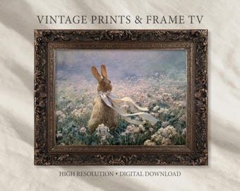 Easter bunny wildflower field wall art, vintage rabbit painting with ribbon bow, muted pastel spring decor, cottage farmhouse