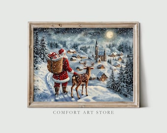 Christmas Wall Art Santa Claus & Reindeer Print, Dark Academia Printable Winter Village Scene Snowy Holiday Decor Vintage Christmas Painting