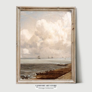 Vintage Coastal Wall Art Seascape Oil Painting Muted Nautical Neutral Tone Home Decor Landscape Print Antique Printable Marine Poster