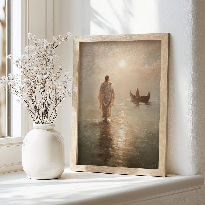 Easter Jesus Walking on Water Wall Art, Vintage Oil Painting Style ...