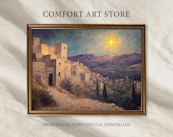 May include: A framed digital art print of a town at night, with a bright star in the sky. The artwork features a warm color palette with the text "COMFORT ART STORE" and "HIGH RESOLUTION • DIGITAL DOWNLOAD".