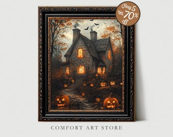 Spooky Town Print Halloween Jack o Lantern Printable Vintage Haunted Village Wall Art Moody Fall Painting Spooky Decor Dark Academia Digital