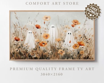 Halloween Frame TV Art Autumn Wildflower Field Frame TV Halloween Flying Ghost Samsung Frame TV Vintage Fall Landscape Moody Spooky Decor