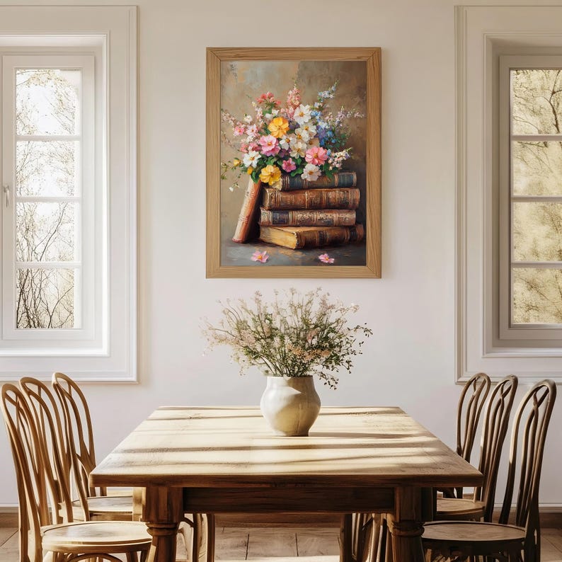 Spring Colored Book Stack Easter Book Stack Print Floral Spring Wall Art Neutral Spring Flower ...