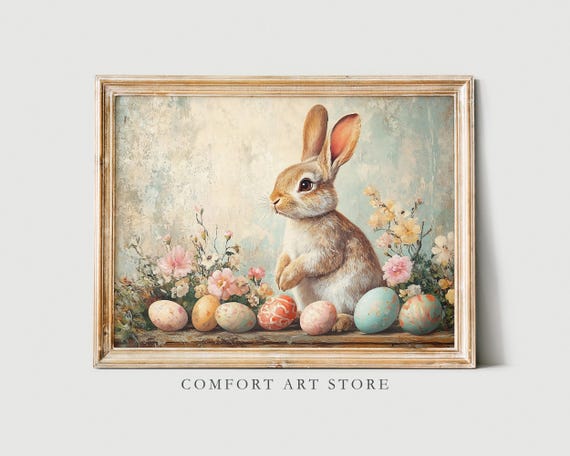 Easter Bunny Print Cute Easter Rabbit Neutral Spring Flower Easter Bunny & Eggs Nursery Wall Art Easter Printable Vintage Decor Rabbit Art