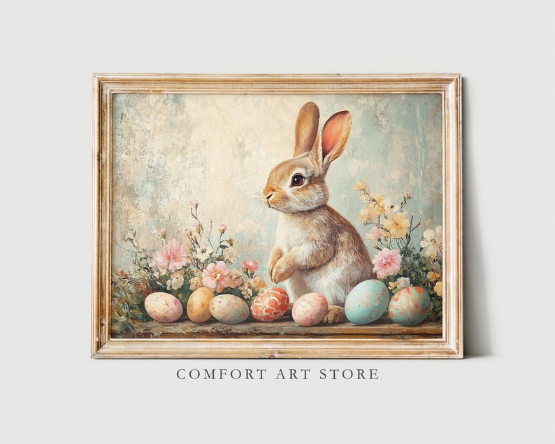 Puede incluir: Una pintura enmarcada de un conejo marr&oacute;n sentado entre un lecho de flores rosas y blancas. El conejo est&aacute; rodeado de huevos de Pascua coloridos.