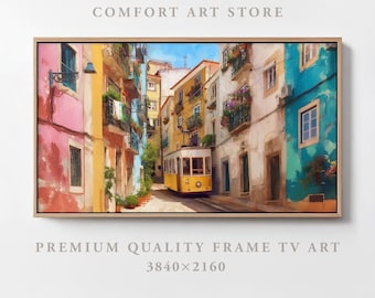 Vintage City Frame TV Art Samsung Frame TV Retro Cityscape Lisbon Tram Street Frame TV Vintage Portugal Travel Oil Painting Farmhouse Decor