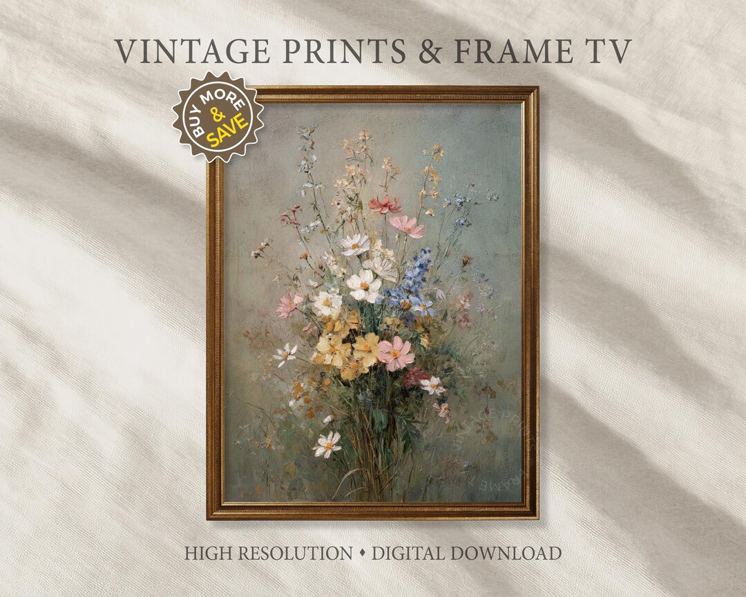 Vintage Wildflower Bouquet Wall Art, Pastel Floral Oil Painting ...