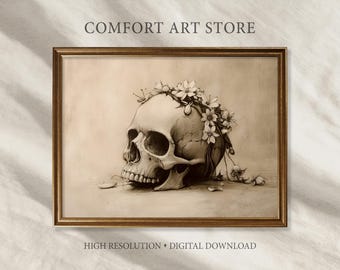 Halloween Skull and Flower Print Vintage Halloween Skull Print Gothic Printable Skull Sketch Wall Art Victorian Decor Dark Academia Painting