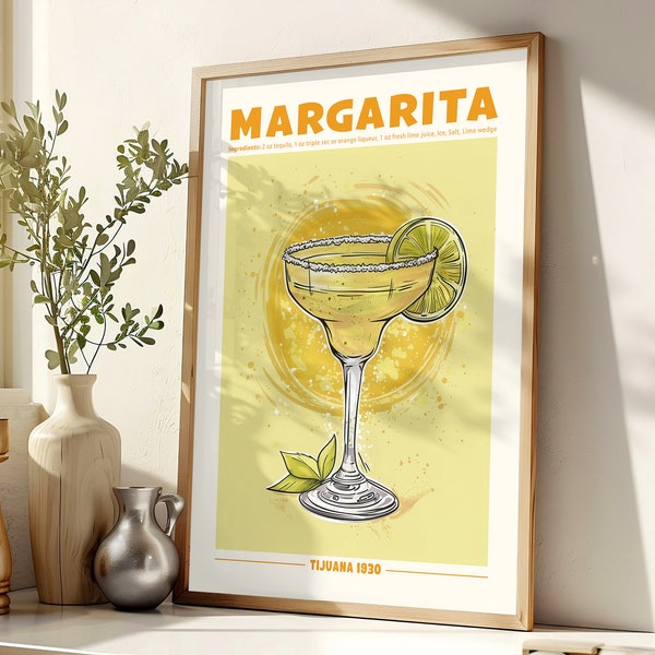 Margarita Cocktail Print. Classic Alcohol Cocktail. Retro Cocktail Exhibition Poster. Home Bar Cart Decor. Margarita Cocktail Printable Art