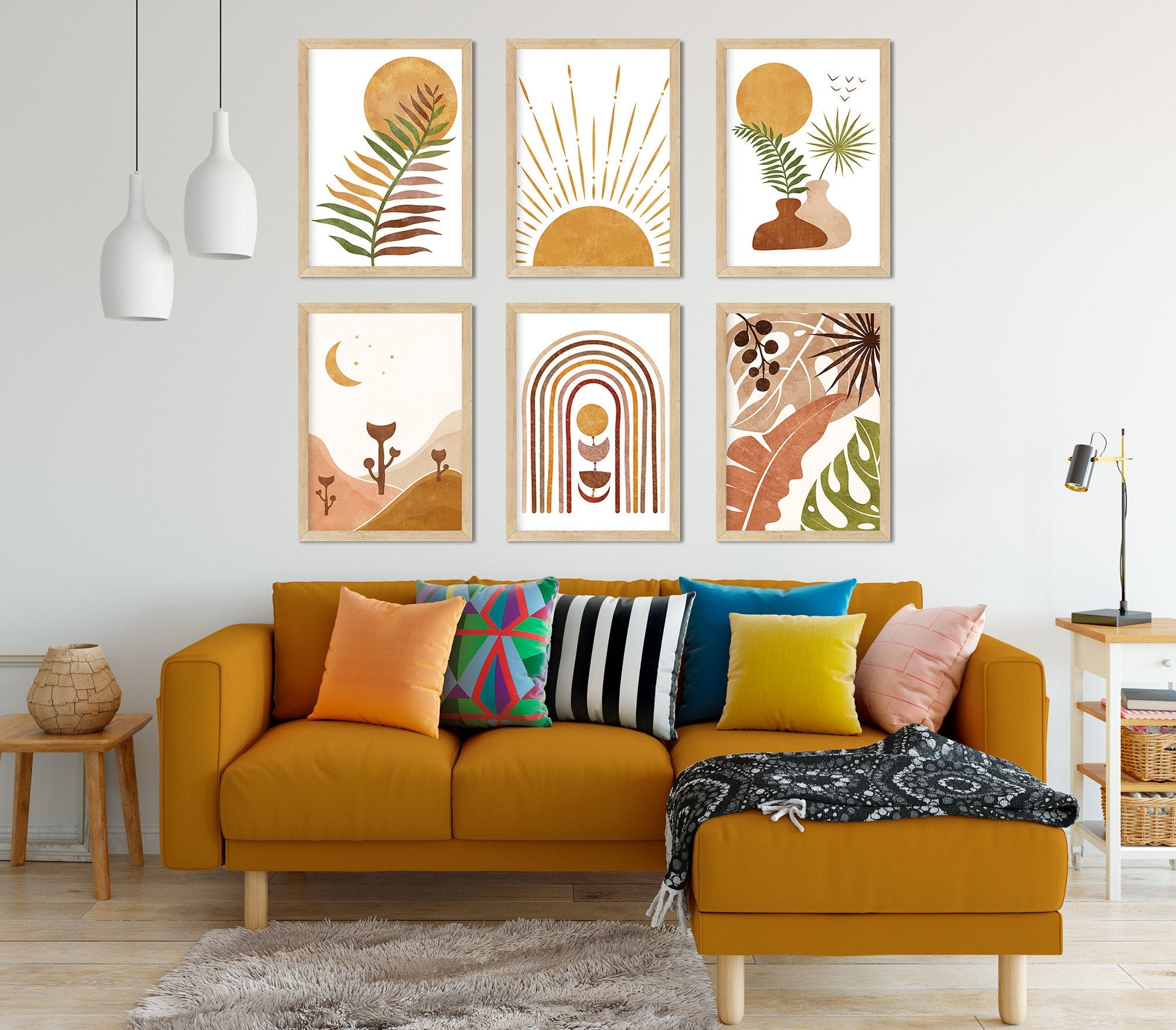 Boho Wall Art Set of 6 Prints Boho Wall Decor Modern Room Etsy