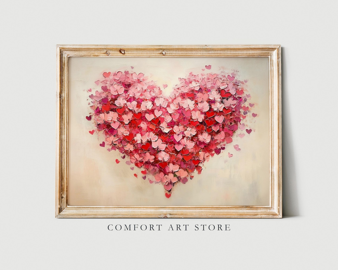 Valentines Day Print Red Pink Heart Wall Art Antique Vintage