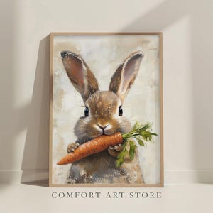 May include: A painting of a brown rabbit with large ears holding a carrot in its mouth. The rabbit is looking directly at the viewer. The background is a light beige with a textured look.