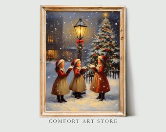 May include: A framed painting depicts three children singing carols in a snowy winter scene. They wear red coats and hats, holding books under a lamppost adorned with a festive wreath. A Christmas tree glows in the background.
