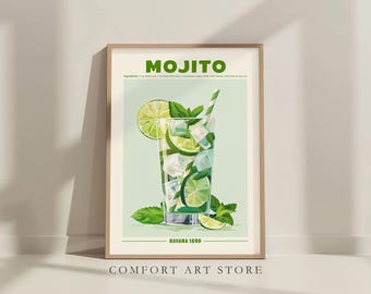 Cocktail Mojito, stampa, poster, cocktail alcolici, Mojito, arte murale, decorazione per carrello bar, cartello retrò, bevanda Mojito, ricetta Mojito stampabile