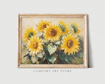 Vintage Spring Sunflower Print Antique Pastel Easter Painting Flower Printable Farmhouse Decor Sunflower Bouquet Wall Art Botanical Art