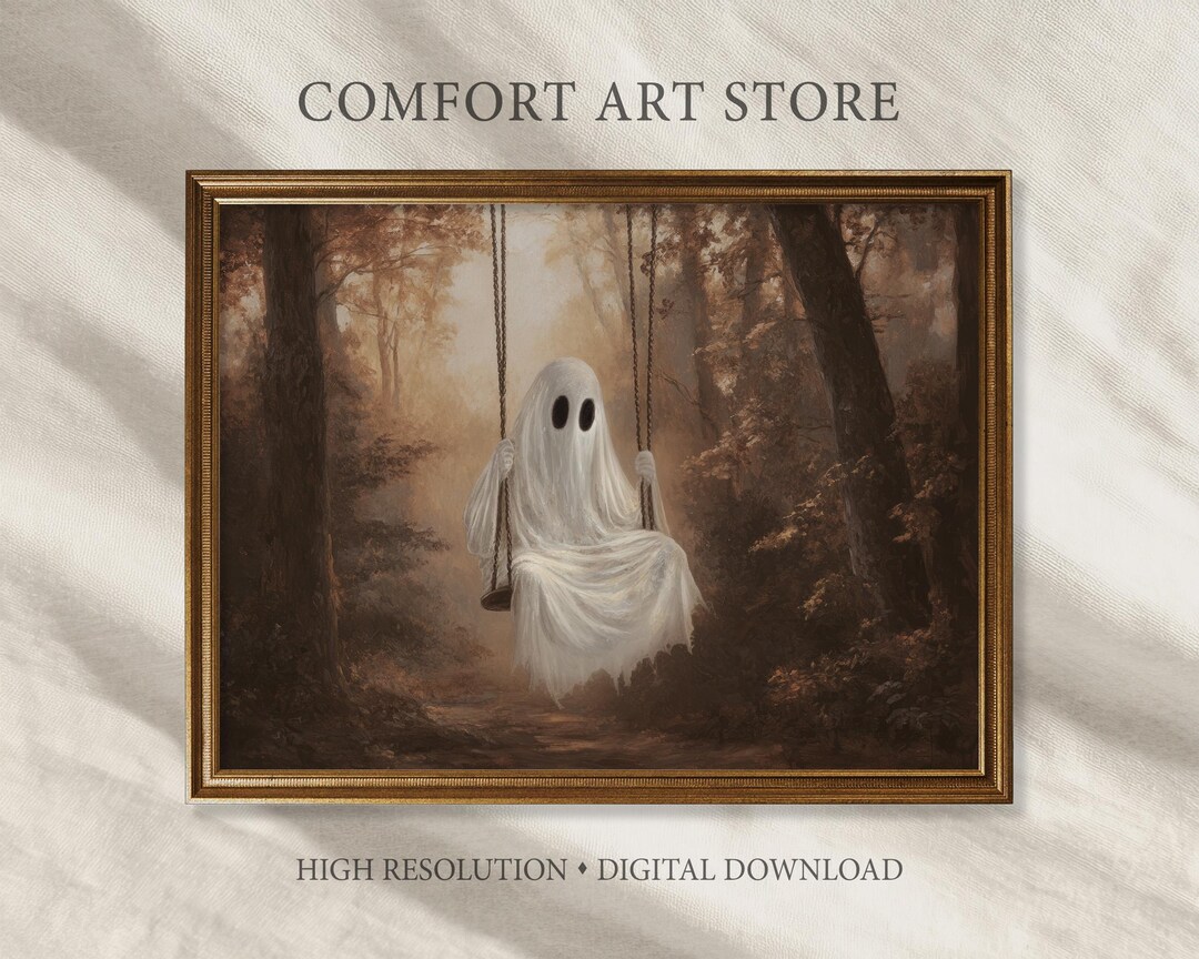 Halloween Cute Ghost on Swing Print Vintage Gothic Printable Moody Wall ...