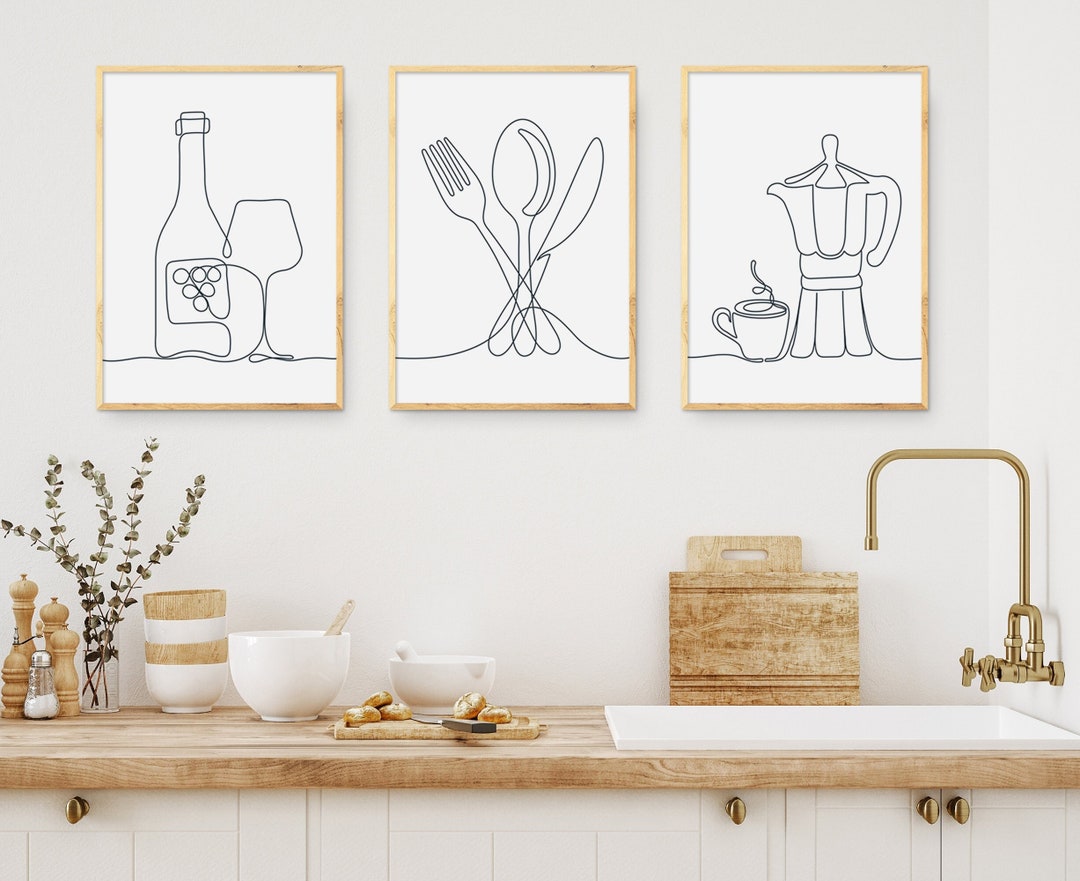 abstract kitchen art prints: modern line drawing set... Kitchen Print Set of 3 Gallery One Line Drawing Art Printable ...