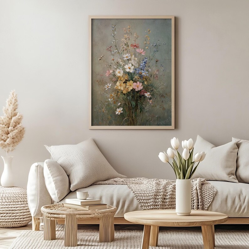 Vintage Wildflower Bouquet Wall Art, Pastel Floral Oil Painting ...