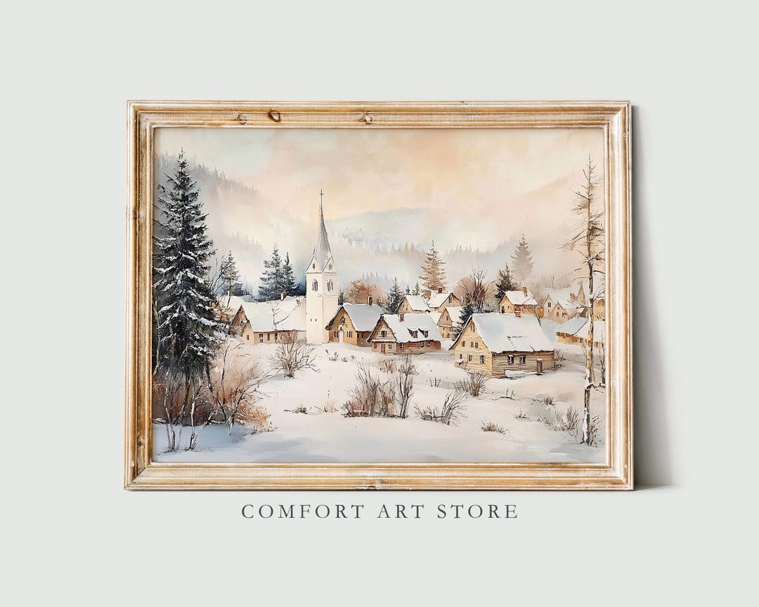 Antique Vintage Winter Print Snowy Alpine Village Wall Art Winter Scene ...