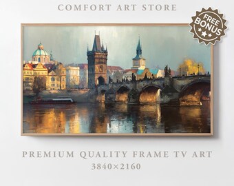 Vintage City Frame TV Art Samsung Frame TV Retro Cityscape Prague Bridge Frame TV Vintage Czech Republic Travel Oil Painting Farmhouse Decor