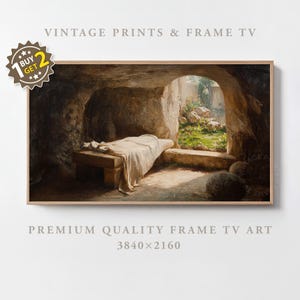 May include: A framed print of a classical painting depicting an open tomb with a stone bench and draped cloth. The scene is illuminated by natural light from an opening in the background, revealing a lush landscape. The text "VINTAGE PRINTS & FRAME TV" is at the top.