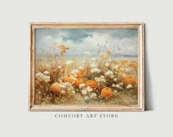 Herbst Wildblumen Feld Druck Vintage Landschaft Malerei Bauernhaus Dekor Herbst Kürbis Wand Kunst druckbare Herbst Landschaft Herbst