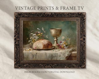 Easter still life wall art chalice and bread on linen with wildflowers, vintage oil painting style, muted sage beige religious decor