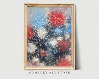 Independence Day Print 4th of July Printable Vintage Patriotic Fireworks American Flag Color USA Patriotic Farmhouse Decor Painting Download