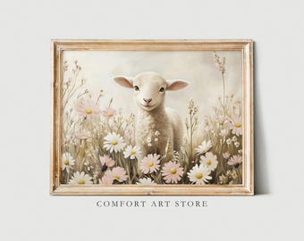 Easter Wall Art Lamb Print Cute Easter Lamb Pastel Spring Wildflower Easter Nursery Printable Easter Vintage Farm Animal Lamb Easter Decor