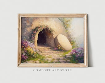 Easter Wall Art Resurrection Jesus Easter Printable He is Risen Vintage Christian Painting Jesus Christ Risen Print LDS Decor Empty Tomb Art