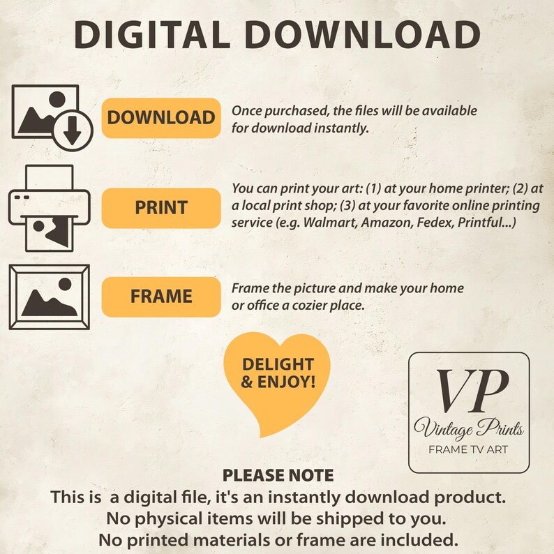 Puede incluir: Gr&aacute;fico de descarga digital con instrucciones para descargar, imprimir y enmarcar arte. La imagen incluye iconos y texto, como "Descargar", "Imprimir" y "Enmarcar". El texto tambi&eacute;n indica que no se env&iacute;an art&iacute;culos f&iacute;sicos.