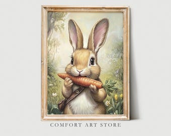 Easter Bunny Print Cute Easter Rabbit Neutral Spring Flower Easter Bunny & Carrot Nursery Wall Art Easter Printable Vintage Decor Rabbit Art
