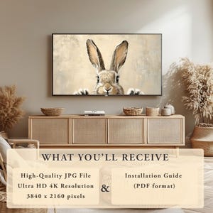 May include: A digital download of a high-quality JPG file featuring a close-up of a brown rabbit peeking over a wall. The image is 3840 x 2160 pixels and includes an installation guide in PDF format.