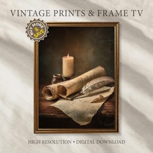 May include: A framed print featuring a lit candle, rolled parchment, a quill, and a small inkwell. The artwork has a vintage aesthetic, with the text "VINTAGE PRINTS & FRAME TV" at the top and "HIGH RESOLUTION • DIGITAL DOWNLOAD" at the bottom.